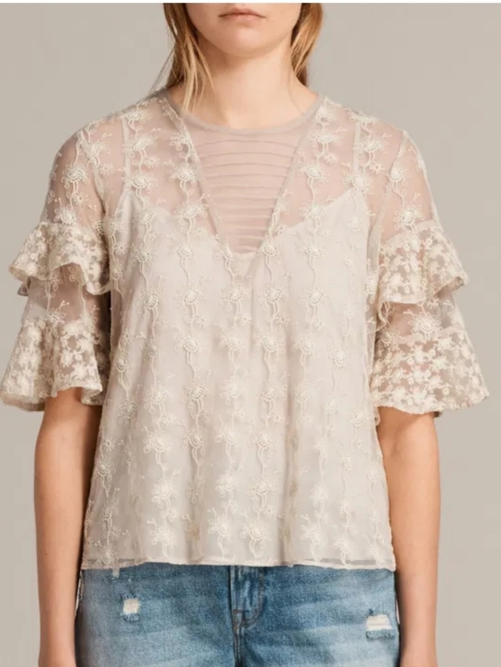 All Saints Cream Sheer Lace V-Neck Ruffle Sleeve Blouse